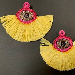 XXXL Beaded Earrings with Raffia Fans and Evil Eye in Bright Yellow 28303